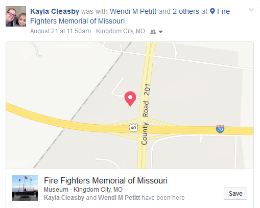 Kayla's Facebook check-in post